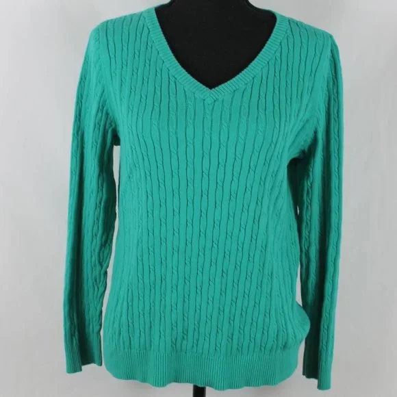 CARIBBEAN JOE Knitted Sweater Woman Sizer XL Green Cable Knit Long Sleeve V Neck - Picture 2 of 10